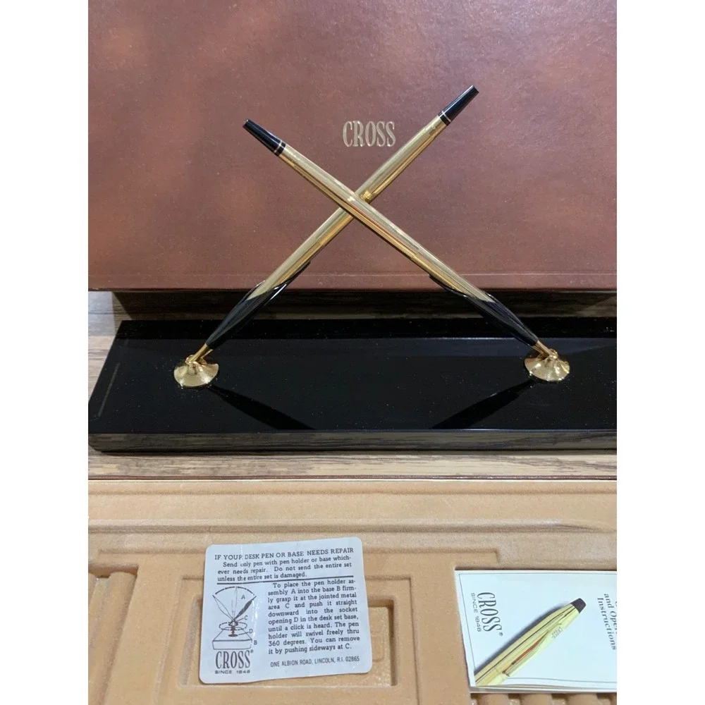 Vintage Gold 10KT GF Cross Pen and Pencil Desk Set with Black Onyx Base USA Made